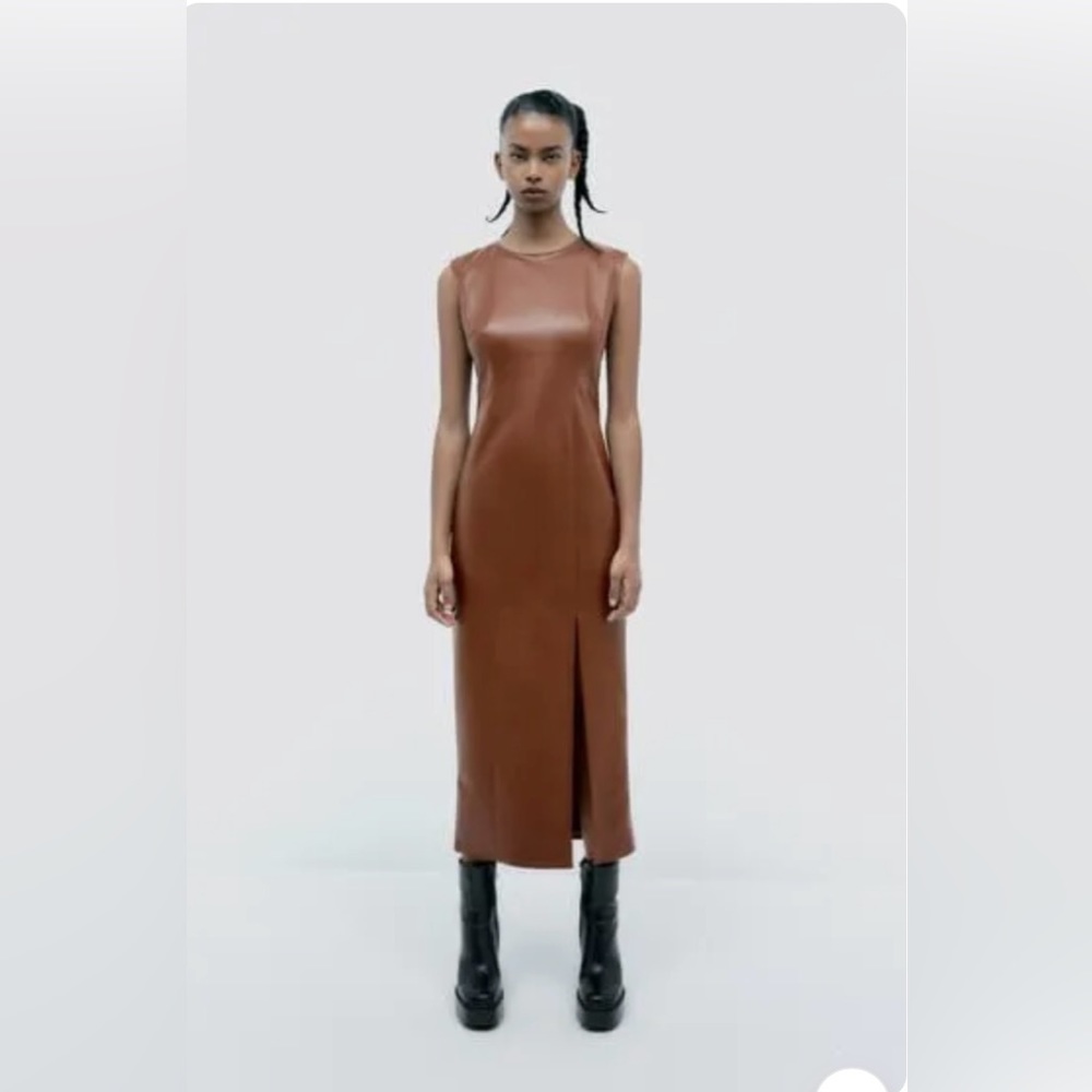 Zara Faux Leather Brown Midi Dress